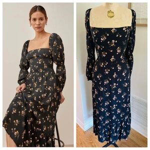 REFORMATION Mica Midi Dress in Black Floral, Sz 12